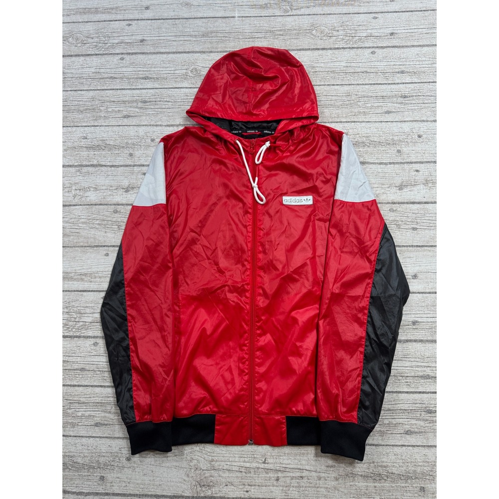 Adidas Jacket Men's Large Red Colorblock Trefoil Mesh Lined Hooded Windbreaker
